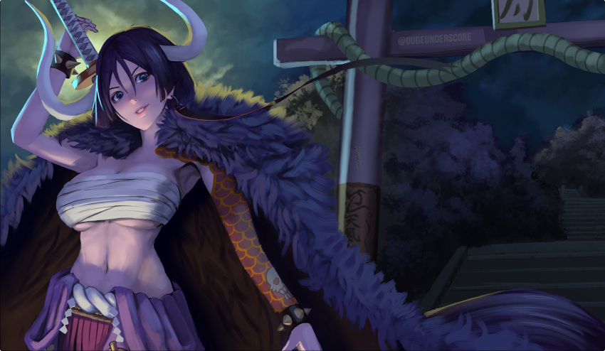 1girl absurdres adapted_costume alternate_costume architecture arm_tattoo blue_eyes bracelet breasts cape commission cosplay dudeunderscore earrings east_asian_architecture eyebrows eyebrows_visible_through_hair fate/grand_order fate_(series) forest fur_trim gate highres horns japanese_clothes jewelry kaidou_(one_piece) kaidou_(one_piece)_(cosplay) katana large_breasts lips long_hair minamoto_no_raikou_(fate) nature navel one_piece pink_lips pun purple_eyes sarashi shaded_face shading shadow skull_tattoo spiked_bracelet spikes stairs sword sword_behind_back tattoo twitter_username weapon weapon_behind_back white_horns