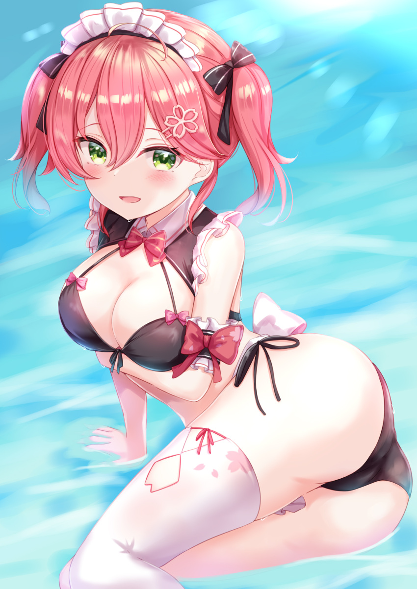 ahoge alternate_costume alternate_hairstyle ass blush breasts cleavage day green_eyes hair_ornament hairclip highres hololive maid_headdress maid_swimsuit open_mouth pink_hair sakura_miko single_thighhigh swimsuit thighhighs virtual_youtuber water yuano