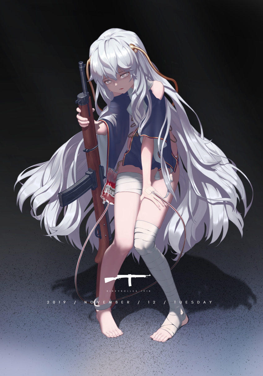 1girl absurdres bandaged_leg bandages barefoot blood blood_bag bright_pupils character_name commentary duckking full_body girls'_frontline grey_eyes gun hair_between_eyes highres holding holding_gun holding_weapon intravenous_drip long_hair looking_at_viewer open_mouth ribeyrolles_(girls'_frontline) ribeyrolles_1918 rifle shadow silver_hair solo sweat very_long_hair weapon white_pupils