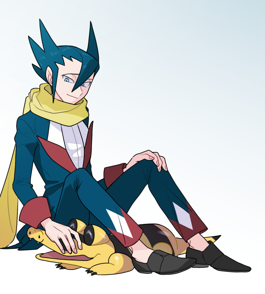 1boy bangs black_footwear blue_eyes blue_hair closed_mouth commentary_request elite_four gen_5_pokemon grimsley_(pokemon) hair_between_eyes hand_on_own_knee highres jacket long_sleeves looking_down male_focus pants petting pokemon pokemon_(creature) pokemon_(game) pokemon_bw sandile scarf shirt shoes sitting smile usarinko yellow_scarf