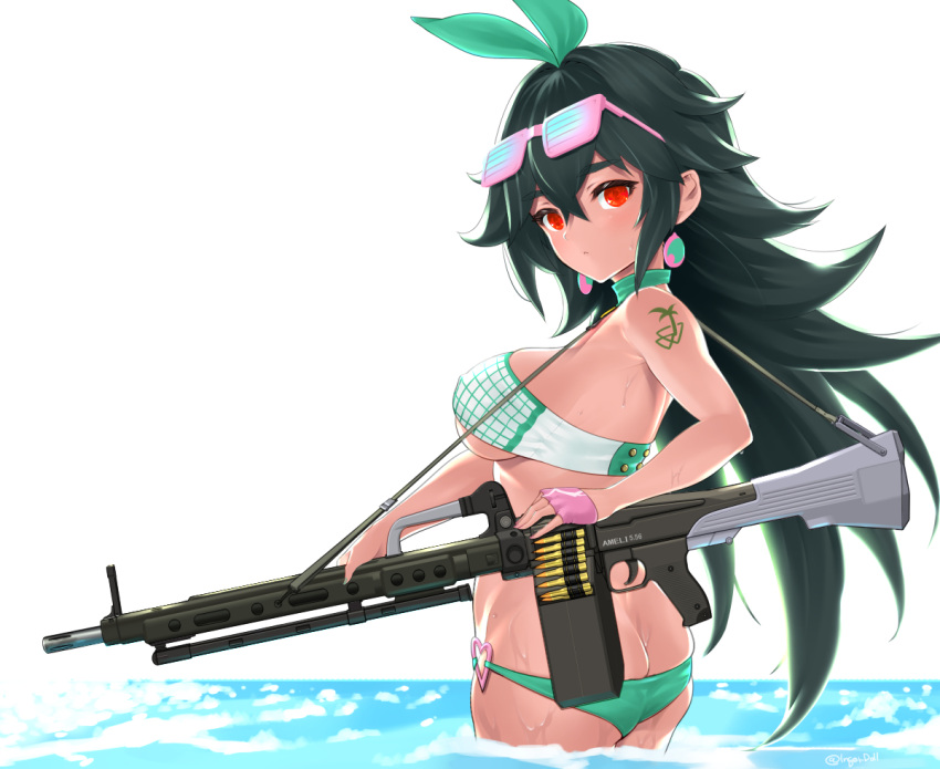 1girl ameli_(girls'_frontline) ass bikini breasts butt_crack cartridge cetme_ameli choker commentary_request covered_nipples cowboy_shot earrings expressionless eyewear_on_head fingerless_gloves from_behind girls'_frontline gloves green_bikini green_choker green_hair green_ribbon gun hair_between_eyes hair_ribbon holding holding_gun holding_weapon ingerdoll jewelry large_breasts long_hair looking_at_viewer looking_back machine_gun messy_hair ocean official_alternate_costume pink_gloves red_eyes ribbon sidelocks skindentation solo strap sunglasses swimsuit tattoo very_long_hair wading water weapon wet white_background