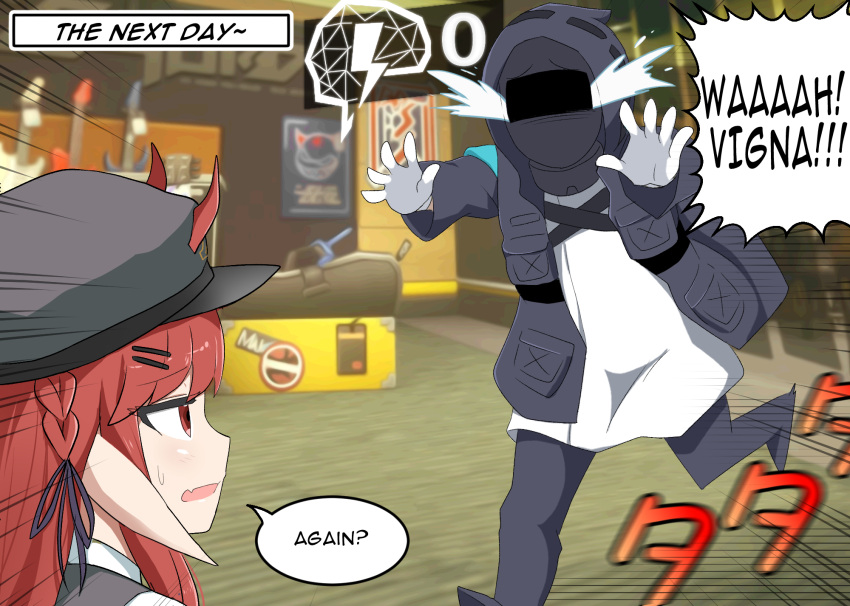 1girl 1other alph_(sancheck) arknights black_jacket braid cabbie_hat crying doctor_(arknights) english_text fang gameplay_mechanics hat helmet highres horns horns_through_headwear jacket motion_lines open_mouth pointy_ears red_eyes red_hair running speech_bubble sweatdrop vigna_(arknights)