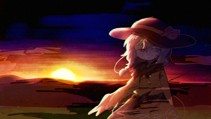 1girl backlighting bangs black_headwear black_skirt child chromatic_aberration closed_mouth cloud commentary_request cowboy_shot expressionless eyebrows_visible_through_hair flat_chest floral_print frilled_shirt frilled_sleeves frills gradient_sky half-closed_eyes hat hat_ribbon komeiji_koishi long_hair long_sleeves looking_to_the_side lotosu mountainous_horizon orange_sky outdoors ribbon shirt sidelocks sketch skirt sky solo standing sun sunset third_eye touhou yellow_ribbon yellow_shirt