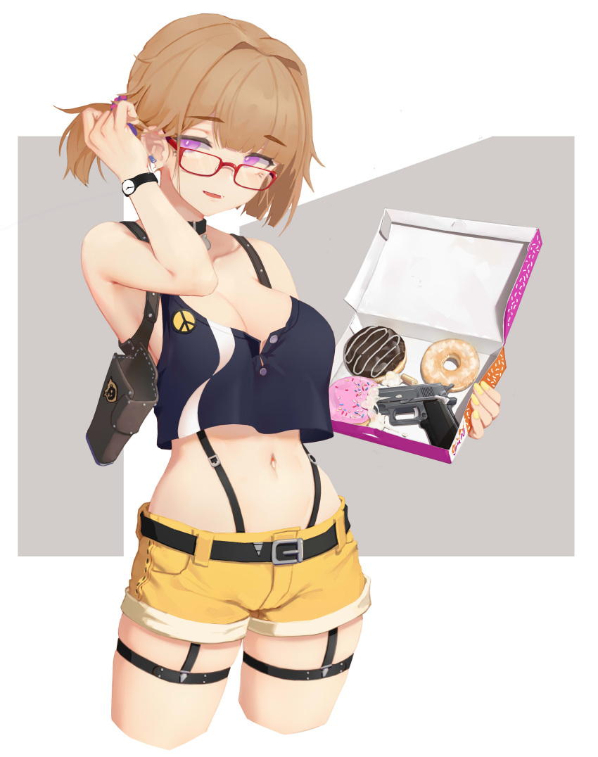 1girl absurdres adjusting_hair bare_shoulders belt belt_buckle black_belt breasts brown_hair buckle choker cleavage cowboy_shot doughnut earrings food girls'_frontline glasses greentree grizzly_mkv grizzly_mkv_(girls'_frontline) gun handgun highres holster jewelry large_breasts looking_at_viewer midriff navel official_alternate_costume pastry_box peace_symbol pink_eyes ponytail red-framed_eyewear short_hair short_shorts shorts shoulder_holster simple_background smile solo strap tank_top watch weapon white_background wristwatch yellow_shorts