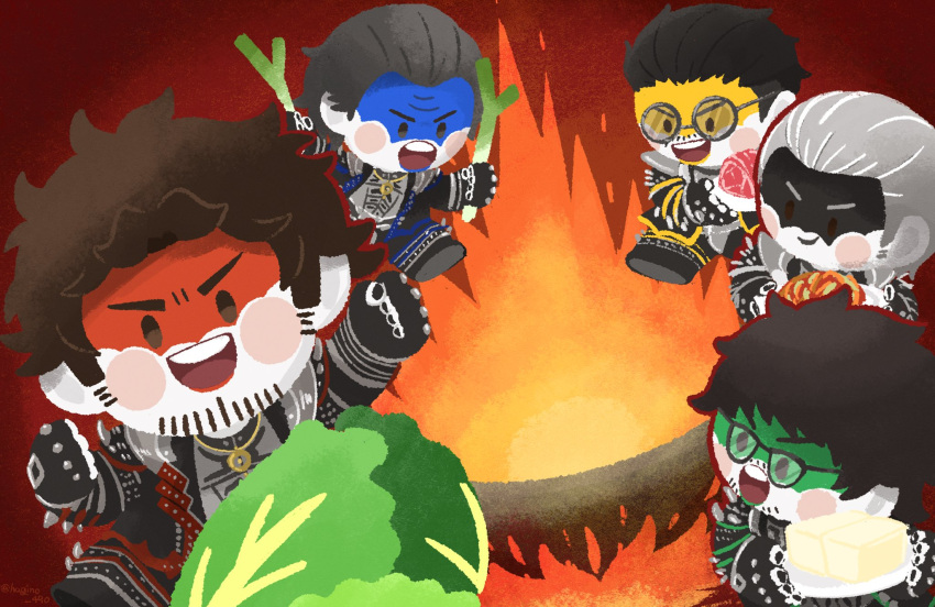 5boys :d :o adachi_kouichi afro alternate_costume armor black_footwear black_gloves black_hair blush_stickers brown_hair cauldron celery cheese clenched_hand cooking demon_boy evil_smile eyebrows facepaint facial_hair fingerless_gloves fire food glasses gloves grey_hair hagino_490 hair_slicked_back han_joon-gi heavy_metal highres kasuga_ichiban kimchi lamb_chops lettuce matching_outfit meat messy_hair multiple_boys nanba_yuu official_alternate_costume open_mouth party pot red_background round_eyewear ryuu_ga_gotoku ryuu_ga_gotoku_7 short_hair silver_hair smile spiked_armor zhao_tianyou