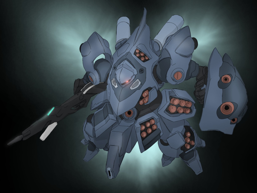 black_background charging_forward glowing glowing_eye gun gundam gundam_zz highres holding holding_gun holding_shield holding_weapon looking_to_the_side mecha mecha_kaku_man missile_pod mobile_suit no_humans one-eyed redesign shield solo weapon zssa