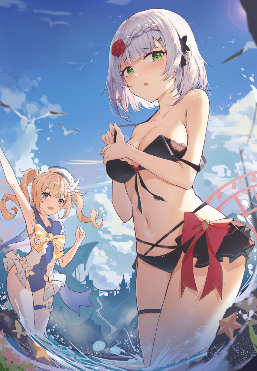 2girls :o absurdres arm_up bangs barbara_(genshin_impact) barbara_(summertime_sparkle)_(genshin_impact) bare_arms bare_shoulders bikini black_bikini blonde_hair blue_eyes blue_sky blue_swimsuit blunt_bangs blush bow braid breasts chinese_commentary cleavage commentary_request cowboy_shot day drill_hair eyebrows_visible_through_hair flower genshin_impact green_eyes hair_flower hair_ornament hairclip hand_up hands_up hat highres large_breasts long_hair looking_at_viewer multiple_girls navel noelle_(genshin_impact) official_alternate_costume one-piece_swimsuit open_mouth outdoors red_bow red_flower red_rose revision rose sailor_hat short_hair simple_background sky slime_(genshin_impact) standing stomach strap_pull strap_slip swimsuit thigh_strap twin_drills twintails wading water white_headwear yajuu