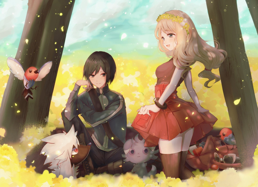 1boy 1girl bangs black_hair blonde_hair blurry boots breasts brown_legwear brown_shirt calem_(pokemon) closed_mouth commentary_request day espurr eyewear_on_headwear field fletchling floating_hair flower flower_field furfrou gen_6_pokemon glowing hand_up hat hat_removed headwear_removed highres jacket long_hair long_sleeves nasakixoc outdoors pants petals pleated_skirt pokemon pokemon_(creature) pokemon_(game) pokemon_xy red_skirt serena_(pokemon) shirt short_hair sitting skirt sleeveless sleeveless_shirt smile strap sunglasses thighhighs tree turtleneck_jacket yellow_flower