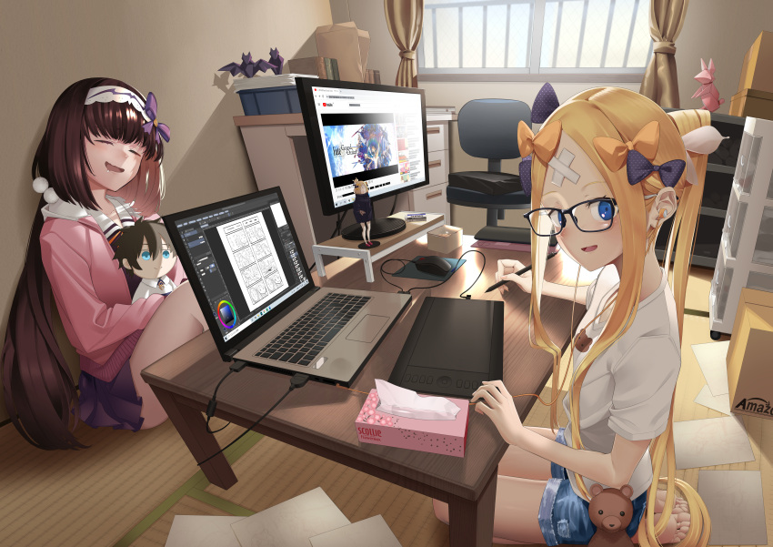 2girls abigail_williams_(fate) absurdres bangs blonde_hair blue_eyes blue_shorts blush bow breasts brown_hair closed_eyes coffee_table computer contemporary crossed_bandaids drawing_tablet fate/grand_order fate_(series) forehead fujimaru_ritsuka_(male) glasses hairband highres huge_filesize jacket laptop large_breasts long_hair long_sleeves looking_at_viewer monitor multiple_bows multiple_girls open_mouth orange_bow osakabe-hime_(fate) parted_bangs pink_jacket ponytail seiza shiro_ami shirt short_sleeves shorts sidelocks sitting small_breasts smile stuffed_animal stuffed_toy stylus tatami teddy_bear very_long_hair white_shirt