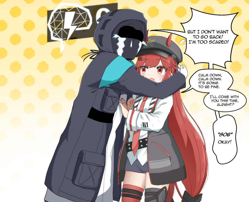 1girl 1other alph_(sancheck) arknights asymmetrical_legwear black_jacket cabbie_hat crying doctor_(arknights) english_text gameplay_mechanics hat helmet highres horns horns_through_headwear hug jacket long_hair looking_at_another low_twintails miniskirt mismatched_legwear necktie open_clothes open_jacket pointy_ears red_eyes red_hair shirt skirt speech_bubble thighhighs twintails very_long_hair vigna_(arknights) white_shirt zettai_ryouiki