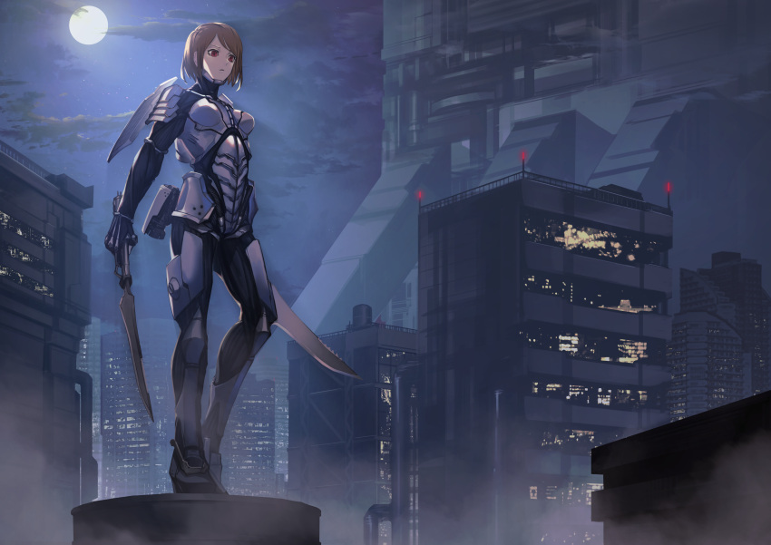 1girl absurdres bangs bodysuit breasts brown_hair building cloud cloudy_sky dual_wielding fixro2n full_moon grey_bodysuit highres holding holding_sword holding_weapon looking_away moon night night_sky official_art original outdoors parted_lips railing red_eyes sky small_breasts solo standing sword weapon