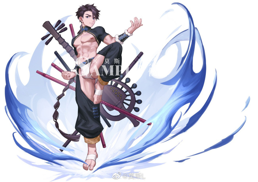 1boy abs ass_visible_through_thighs bangs bare_pectorals bare_shoulders black_dress blue_eyes brown_hair bulge china_dress chinese_clothes clothing_cutout crotchless crotchless_pants dress fate/grand_order fate_(series) full_body fundoshi genderswap genderswap_(ftm) instrument_request japanese_clothes leg_up long_hair looking_at_viewer male_focus mosi_l navel nipples pants pectorals sample shrug_(clothing) sidelocks solo stomach swept_bangs thigh_cutout thighs toned toned_male very_long_hair white_background white_male_underwear yang_guifei_(fate)