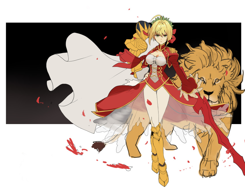 1girl absurdres aestus_estus ahoge armor armored_boots blonde_hair boots breasts epaulettes expressionless fate/extra fate/grand_order fate_(series) green_eyes hand_on_hip highres juliet_sleeves large_breasts lion long_sleeves mizu_(dl7613) nero_claudius_(fate) nero_claudius_(fate/extra) petals puffy_sleeves red_ribbon ribbon short_hair sketch solo white_legwear yellow_eyes