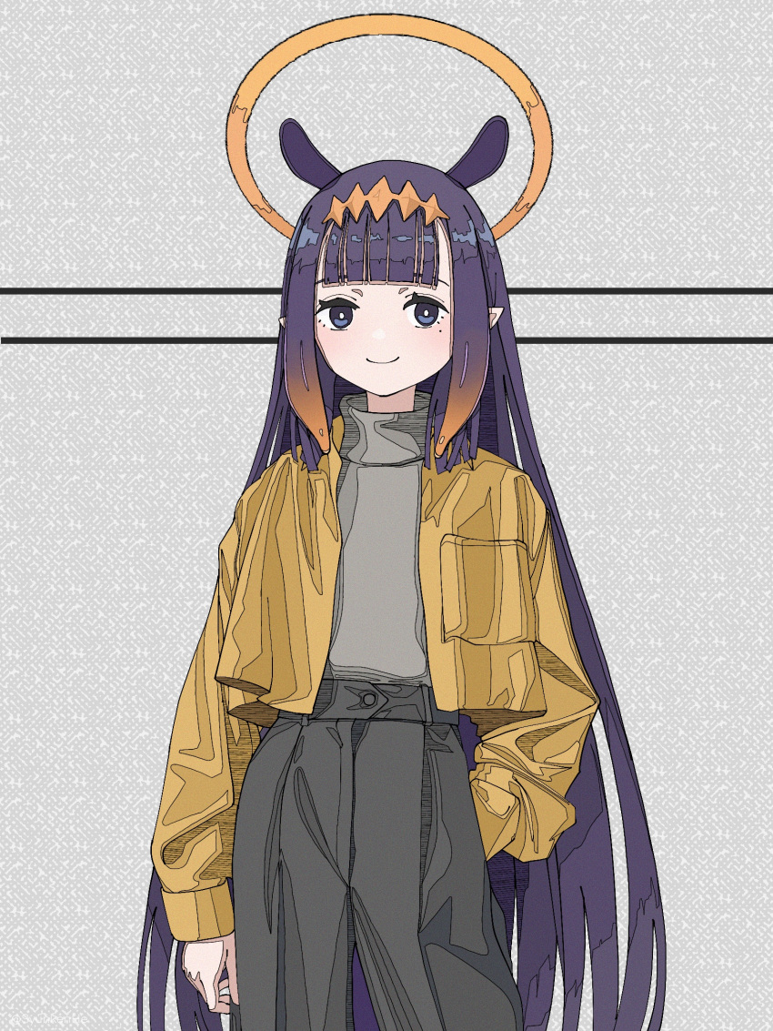 1girl animal_ears bangs blunt_bangs closed_mouth commentary cowboy_shot gradient_hair grey_background grey_pants grey_sweater hair_ornament halo hand_in_pocket highres hololive hololive_english jacket ligne_claire long_hair long_sleeves mole mole_under_eye multicolored_hair ninomae_ina'nis orange_hair pants pointy_ears purple_eyes purple_hair shunken_he smile solo sweater tentacle_hair virtual_youtuber yellow_jacket