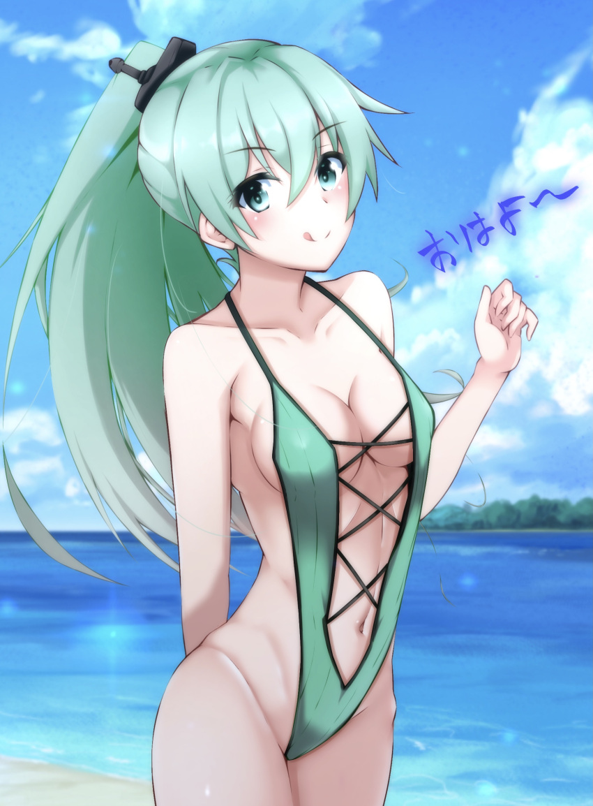 1girl absurdres alternate_hairstyle aqua_eyes aqua_hair beach blue_sky breasts casual_one-piece_swimsuit cleavage cloud cowboy_shot day green_swimsuit hair_ornament hairclip highres honma_(honmatomohiro) kantai_collection long_hair looking_at_viewer medium_breasts navel one-piece_swimsuit outdoors ponytail sky solo standing suzuya_(kancolle) swimsuit tongue tongue_out