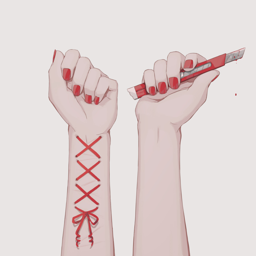 1other absurdres ambiguous_gender avogado6 blood boxcutter commentary cuts fingernails grey_background highres holding holding_boxcutter injury nail_polish original pov pov_hands red_nails red_ribbon ribbon simple_background symbolism