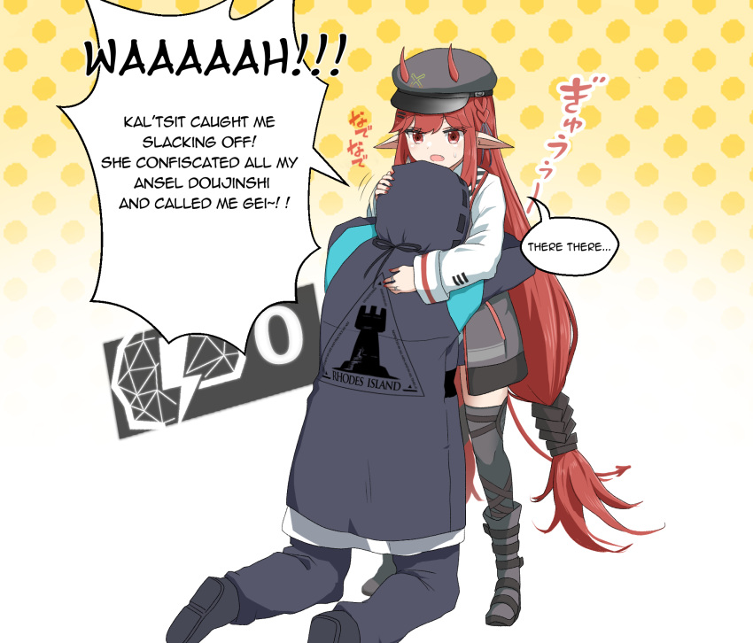 1girl 1other alph_(sancheck) arknights black_jacket boots braid cabbie_hat doctor_(arknights) english_text gameplay_mechanics hat highres horns horns_through_headwear hug jacket kneeling long_hair low_twintails miniskirt open_mouth pointy_ears red_eyes red_hair sidelocks skirt speech_bubble standing thighhighs twintails very_long_hair vigna_(arknights)