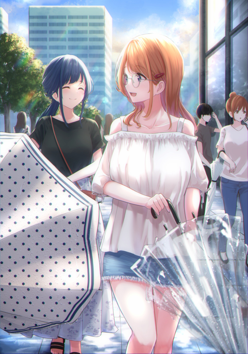 1boy 3girls after_rain akiyama_akane black_legwear blue_eyes blue_hair building city cityscape closed_eyes cutoffs denim denim_shorts hair_ornament hairclip highres holding holding_umbrella inoue_iori long_hair long_skirt looking_to_the_side multiple_girls off-shoulder_shirt off_shoulder open_mouth orange_hair original outdoors ponytail round_eyewear sandals shirt shorts skirt smile umbrella yukimaru_ai