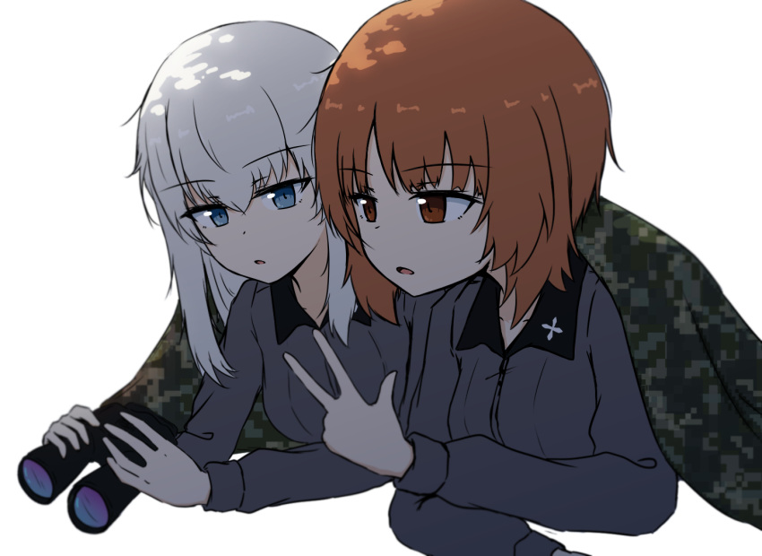 2girls bangs binoculars blue_eyes brown_eyes brown_hair camouflage commentary_request dappled_sunlight dress_shirt eyebrows_visible_through_hair girls_und_panzer grey_shirt holding holding_binoculars itsumi_erika korean_commentary kuromorimine_school_uniform long_sleeves looking_at_another lying medium_hair multiple_girls nishizumi_miho on_stomach open_mouth parted_lips school_uniform shirt silver_hair simple_background sunlight under_covers w white_background wing_collar yu_arin