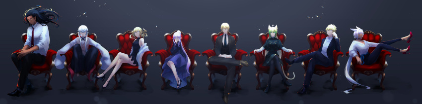 4boys 4girls absurdres asclepius_(fate) atalanta_(fate) black_hair blonde_hair blue_eyes caenis_(fate) castor_(fate) chair crossed_legs dark-skinned_female dark-skinned_male dark_background dark_skin fate/apocrypha fate/grand_order fate_(series) formal green_eyes green_hair heracles_(fate) highres incredibly_absurdres jason_(fate) long_image medea_(lily)_(fate) multiple_boys multiple_girls pollux_(fate) purple_hair shin'ya_(yukiura) shoe_dangle siblings sitting twins white_hair wide_image yellow_eyes