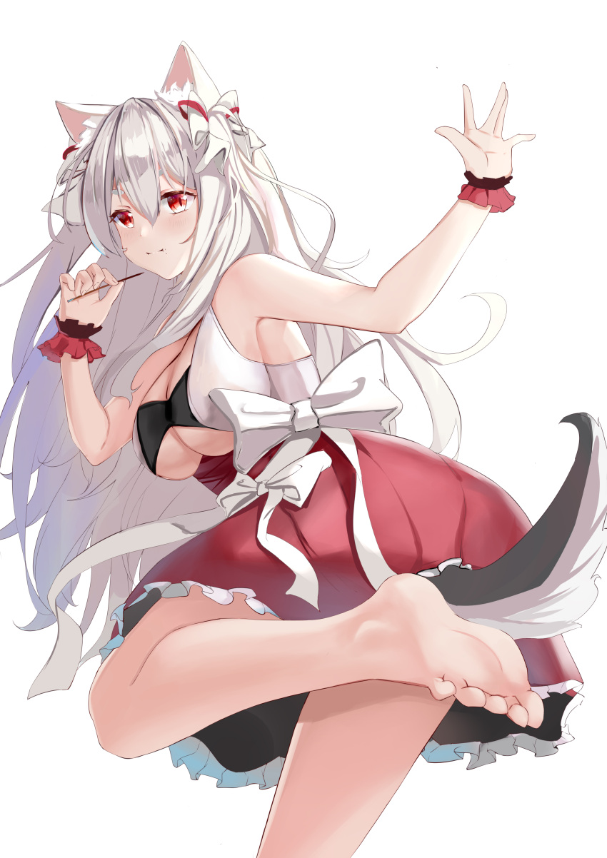 1girl \||/ absurdres animal_ear_fluff azur_lane ban_tang barefoot bow breasts feet foot_focus foreshortening from_behind hair_bow highres large_breasts leg_up long_hair looking_at_viewer looking_back official_alternate_costume red_eyes red_skirt simple_background skirt soles solo tail toes white_background white_bow white_hair wrist_cuffs yuudachi_(azur_lane) yuudachi_(carnivore_carnival!)_(azur_lane)