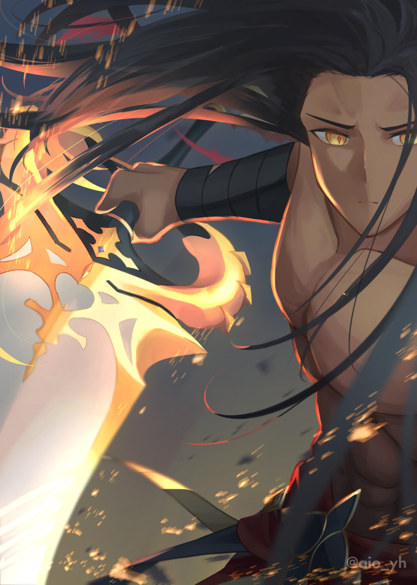 1boy absurdres armband black_hair closed_mouth dark-skinned_male dark_skin fate/grand_order fate/stay_night fate_(series) floating_hair forehead heracles_(fate) highres holding holding_sword holding_weapon long_hair looking_at_viewer male_focus marmyadose_(fate) muscular muscular_male pectorals shin'ya_(yukiura) solo sword twitter_username weapon what_if yellow_eyes