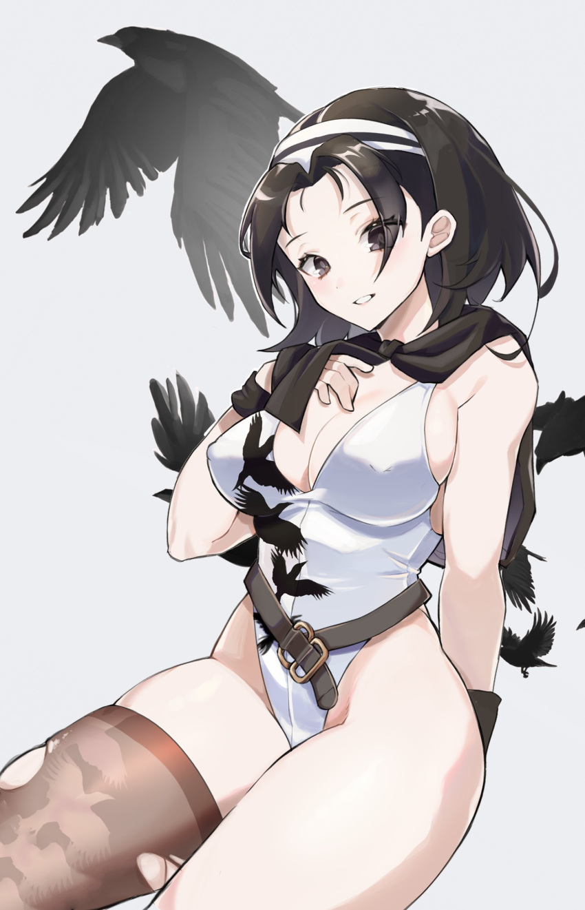 1girl absurdres belt bird black_hair bodysuit breasts brown_eyes cleavage crow headband highres johwa_(1n33dyour1ov3) kazama_jun large_breasts mature_female scarf simple_background single_thighhigh solo swimsuit tekken thighhighs thighs white_background