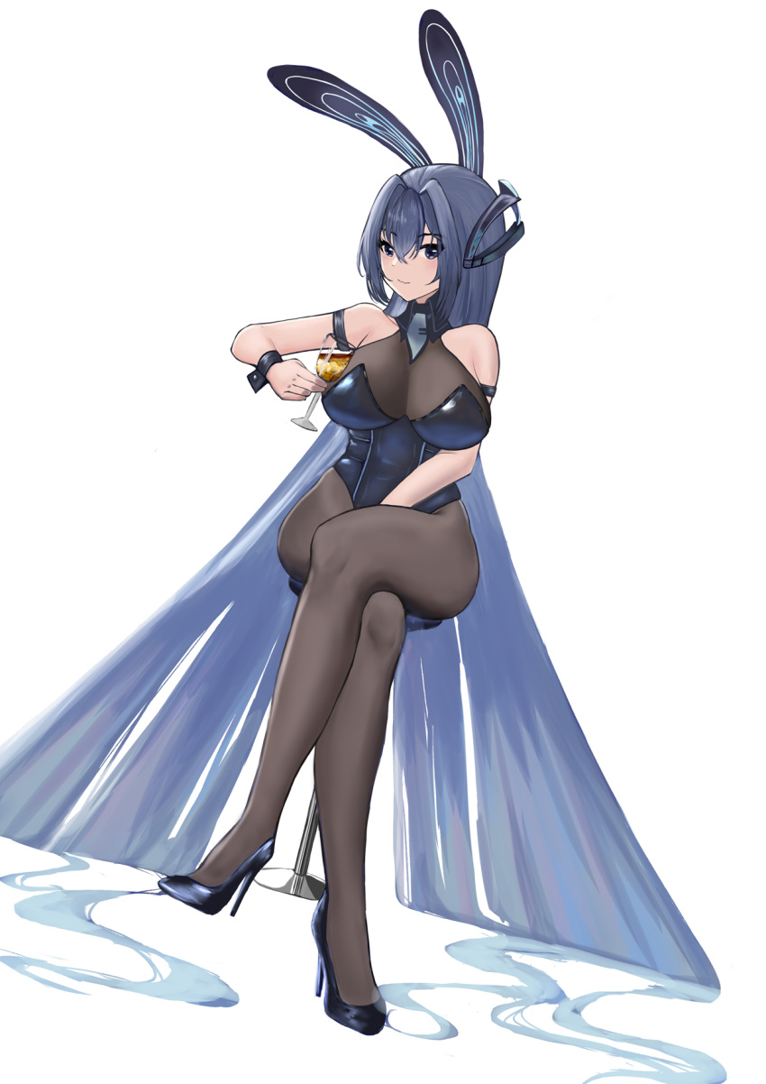 1girl absurdly_long_hair animal_ears ata_(vkpu4527) azur_lane bad_perspective bare_shoulders black_footwear black_leotard blue_eyes blue_hair bodystocking breasts cleavage crossed_legs cup detached_collar fake_animal_ears high_heels highres holding holding_cup large_breasts legs leotard long_hair looking_at_viewer new_jersey_(azur_lane) new_jersey_(exhilarating_steps!)_(azur_lane) official_alternate_costume playboy_bunny rabbit_ears shoes simple_background sitting solo stiletto_heels strapless strapless_leotard very_long_hair white_background wrist_cuffs