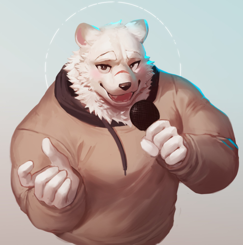 1boy animal_ears bara bear_boy bear_ears brown_hoodie commentary cropped_torso english_commentary fang furry furry_male highres holding holding_microphone hood hoodie indie_virtual_youtuber jugo_kumagai large_pectorals looking_at_viewer male_focus microphone muscular muscular_male papyuuno pectorals scar scar_on_face scar_on_nose smile solo thick_eyebrows virtual_youtuber white_fur