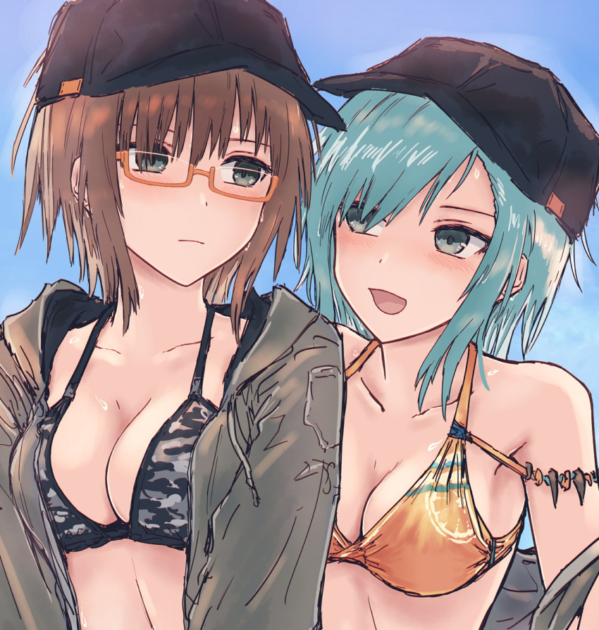 2girls :d bang_dream! bangs bare_shoulders baseball_cap bikini bikini_top black_headwear blush breasts brown_eyes brown_hair camouflage camouflage_bikini cleavage closed_mouth commentary_request day furukawa_wanosuke glasses green_eyes green_hair halterneck hat highres hikawa_hina hood hoodie looking_at_another medium_breasts multiple_girls open_clothes open_hoodie open_mouth orange-framed_eyewear orange_bikini outdoors semi-rimless_eyewear short_hair sidelocks sky smile standing sweat swept_bangs swimsuit under-rim_eyewear upper_body yamato_maya yuri