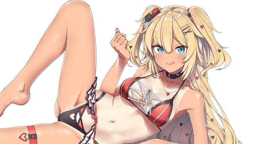 1girl :q absurdres akai_haato armpit_crease ass_visible_through_thighs bare_legs bare_shoulders barefoot bikini bikini_bottom bikini_top blonde_hair blue_eyes bow choker collarbone eyebrows_visible_through_hair hair_bow hair_ornament hairclip heart heart_necklace highres hololive long_hair midriff navel one-piece_tan shinomu_(cinomoon) simple_background smile solo swimsuit tan tanlines tongue tongue_out two_side_up virtual_youtuber white_background work_in_progress