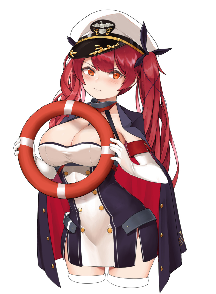1girl azur_lane black_jacket blush bobby36446329 breasts buttons chain cleavage closed_mouth covered_navel cowboy_shot cropped_legs double-breasted dress elbow_gloves eyebrows_visible_through_hair gloves hair_ribbon hat highres holding_lifebuoy honolulu_(azur_lane) jacket jacket_on_shoulders korean_commentary large_breasts lifebuoy long_hair looking_at_viewer military_hat mixed-language_commentary peaked_cap red_eyes red_hair red_ribbon ribbon scowl side_slit simple_background solo taut_clothes taut_dress thighs twintails two-sided_fabric two-sided_jacket v-shaped_eyebrows white_background white_dress white_gloves white_headwear white_legwear