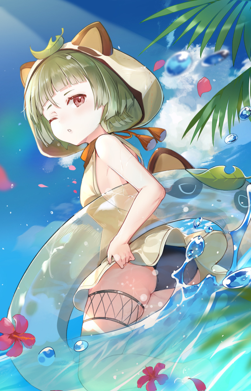 1girl animal_ears ass bangs bare_legs bare_shoulders barefoot beach black_swimsuit blue_sky blunt_bangs blush breasts bubble choker cloud cloudy_sky commentary day elise_(piclic) english_commentary eyebrows fake_animal_ears feet flower from_side full_body genshin_impact green_hair green_swimsuit highres hood hooded_swimsuit innertube kamisato_ayaka leaf looking_at_viewer one_eye_closed palm_tree parted_lips partially_submerged petals raccoon_ears raccoon_hood red_eyes red_flower sayu_(genshin_impact) short_hair sideboob sky small_breasts solo swimsuit teeth thigh_strap thighs toes tree water