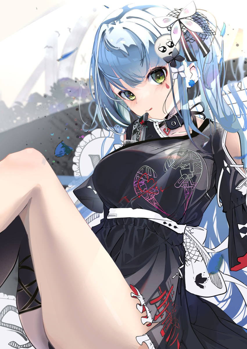 1girl absurdres asymmetrical_legwear bangs belt_bow black_choker black_dress black_panties blunt_bangs bow breasts cellphone choker closed_mouth commentary_request cushion dress facial_mark facial_tattoo girls'_frontline green_eyes hair_net hair_ornament hair_ribbon hairclip head_tilt heart heart_choker heart_print highres hk416_(girls'_frontline) knees_up large_breasts leather_choker legs_together licking_lips looking_at_viewer on_bed panties phone ponytail ribbon shiny shiny_hair short_dress sidelocks silver_hair sitting smartphone solo soranagi_(una123) tattoo teardrop teardrop_tattoo thighhighs thighs tongue tongue_out underwear white_bow white_ribbon