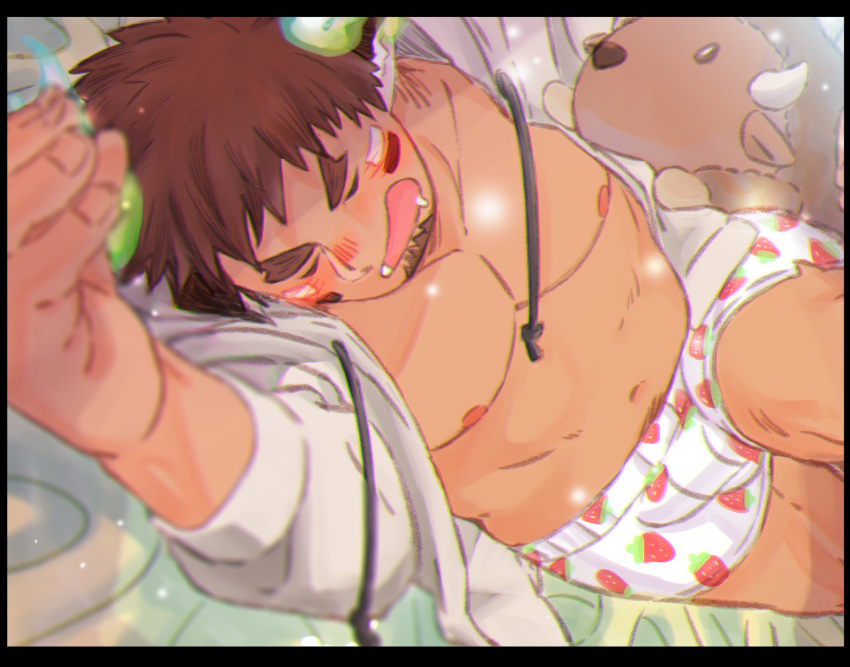 1boy abs animal_ears bara bare_pectorals blush brown_eyes brown_hair bulge cow_boy cow_ears cow_horns dark-skinned_male dark_skin drooling dyzd1 erection erection_under_clothes facial_hair fiery_horns food_print forked_eyebrows glowing_horns goatee highres hood hooded_jacket horns jacket lying male_focus muscular muscular_male navel navel_hair nipples on_back open_clothes open_jacket pectorals plump print_male_underwear short_hair solo spiked_hair stomach strawberry_print stuffed_animal stuffed_toy thick_eyebrows tokyo_houkago_summoners wakan_tanka white_jacket white_male_underwear
