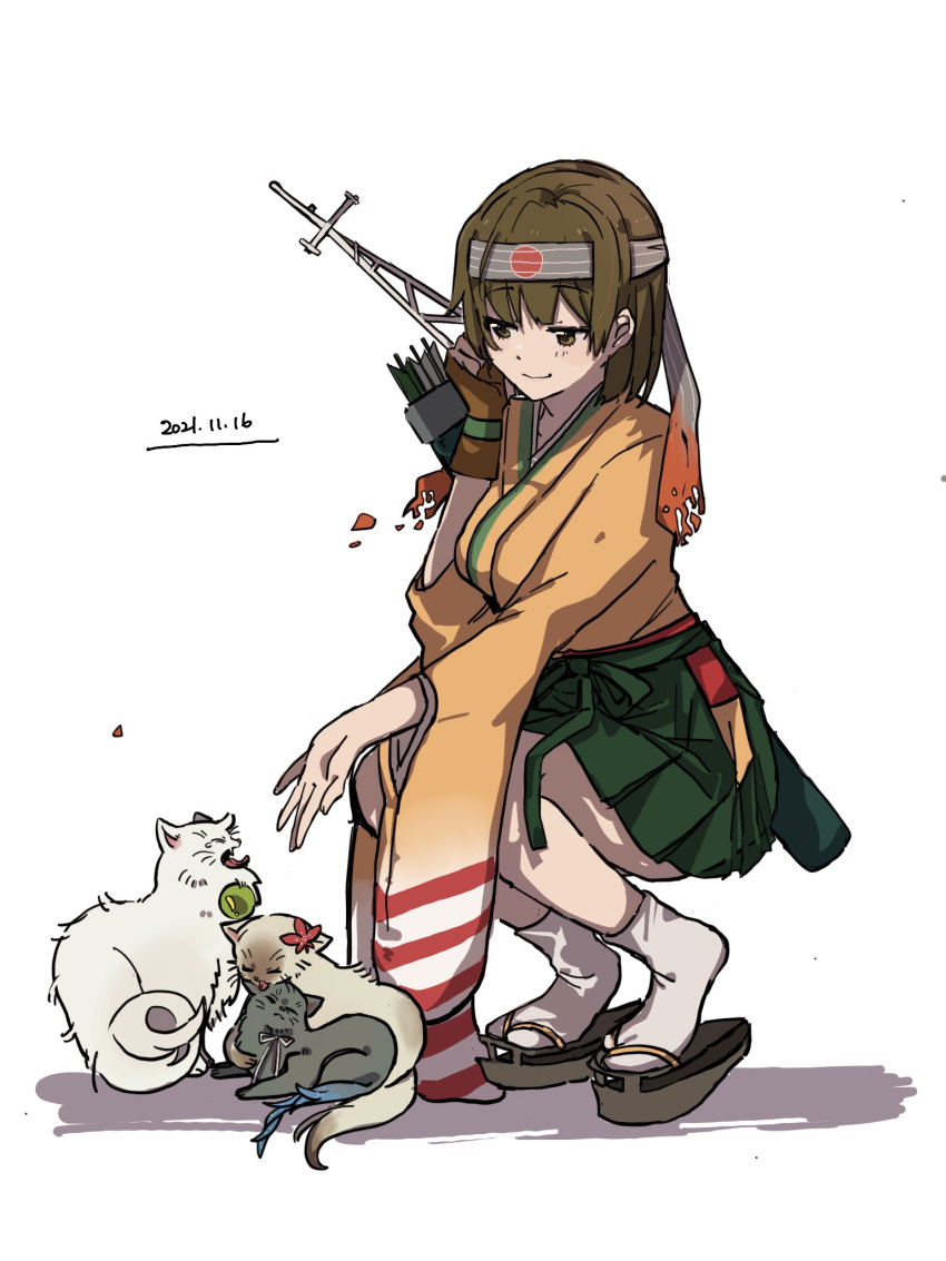 1girl arrow_(projectile) brown_eyes brown_hair cat dated fujisaki_(si_da) gloves green_hakama hachimaki hakama hakama_short_skirt hakama_skirt headband highres hiryuu_(kancolle) japanese_clothes kantai_collection kimono partially_fingerless_gloves quiver reaching_out short_hair skirt smile squatting white_background yellow_kimono yugake