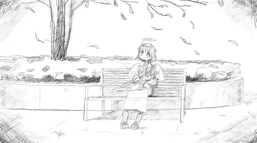 1girl bench blush boots closed_mouth closed_umbrella crosshatching facing_viewer falling_leaves from_side greyscale haibane_renmei hair_between_eyes halo hands_up hatching_(texture) highres holding holding_umbrella jacket leaf linear_hatching long_skirt long_sleeves looking_up monochrome nikai_no_mado no_nose on_bench open_clothes open_jacket outdoors park park_bench rakka_(haibane) short_hair sitting sketch skirt smile solo tareme traditional_media tree umbrella white_background wide_shot wind wing_collar wings winter_clothes