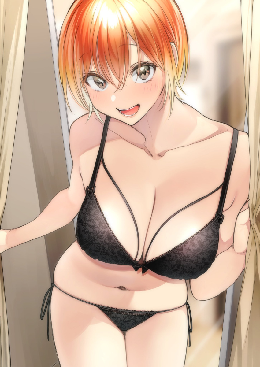 1girl black_bra black_panties blush bra breasts brown_eyes changing_room cleavage collarbone commentary cowboy_shot curtains eyebrows_visible_through_hair hair_between_eyes highres large_breasts leaning_forward looking_at_viewer mirror navel open_mouth orange_hair original panties reflection rinku_(rin9) short_hair side-tie_panties smile solo stomach underwear underwear_only