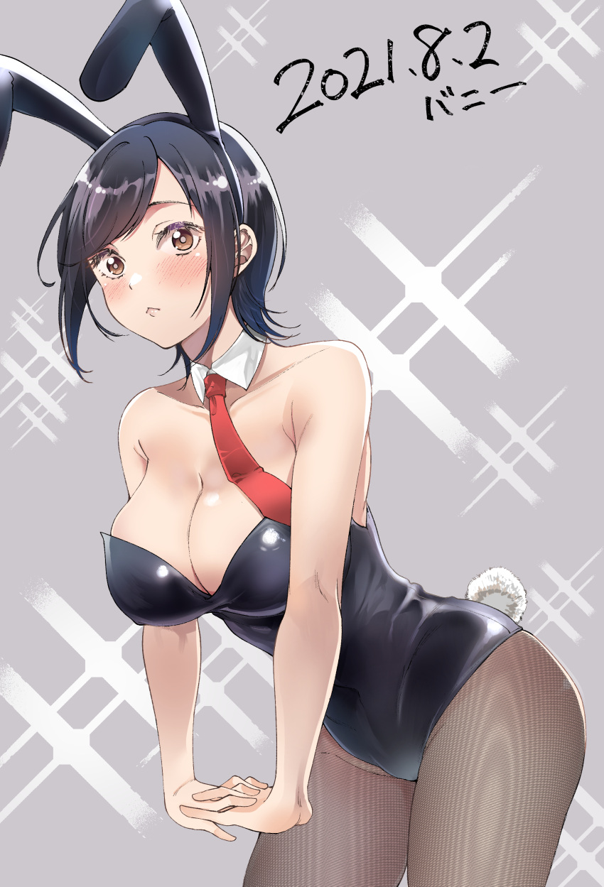 1girl :&lt; absurdres animal_ears black_hair black_leotard breasts brown_eyes bunny_day cleavage commentary_request cowboy_shot detached_collar fishnet_legwear fishnets grey_background highres leotard looking_at_viewer medium_breasts necktie original pantyhose playboy_bunny rabbit_ears red_neckwear sakayama_shinta short_hair simple_background solo sparkle strapless strapless_leotard