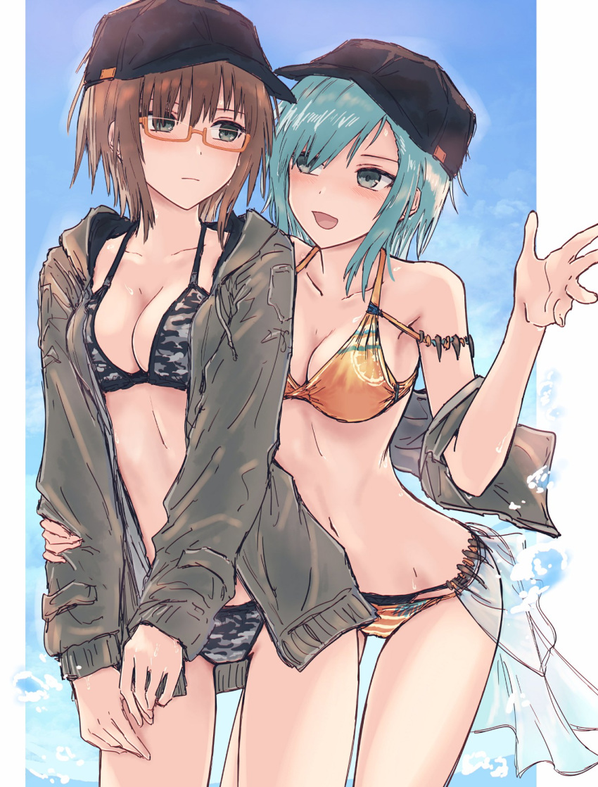 2girls :d bang_dream! bangs bare_legs bare_shoulders baseball_cap bikini bikini_under_clothes black_headwear blush border breasts brown_eyes brown_hair camouflage camouflage_bikini cleavage closed_mouth commentary_request cowboy_shot day furukawa_wanosuke glasses green_eyes green_hair halterneck hand_on_another's_arm hat highres hikawa_hina hood hoodie looking_at_another medium_breasts multiple_girls navel off_shoulder open_clothes open_hoodie open_mouth orange-framed_eyewear orange_bikini outdoors sarong semi-rimless_eyewear short_hair sidelocks sky smile standing stomach sweat swept_bangs swimsuit under-rim_eyewear water white_border yamato_maya yuri