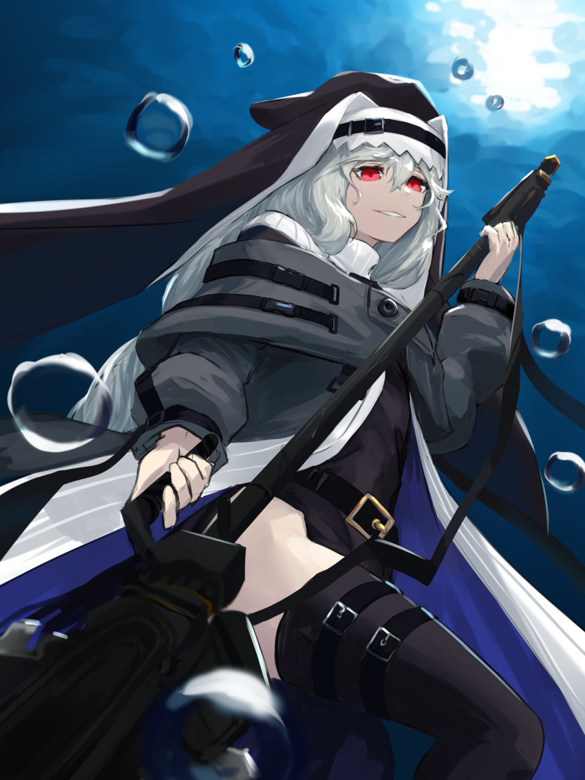 1girl air_bubble arknights bangs black_capelet black_coat black_dress black_footwear black_headwear boots bubble capelet circular_saw coat cowboy_shot dress garter_straps habit hair_between_eyes highres holding holding_weapon jewelry long_hair looking_at_viewer nun pelvic_curtain red_eyes silver_hair smile specter_(arknights) thigh_boots thighhighs thighs underwater wagachop weapon zettai_ryouiki
