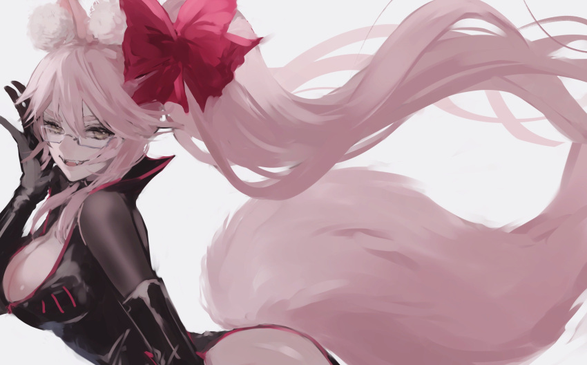 1girl absurdres animal_ear_fluff animal_ears bangs black_bodysuit blush bodysuit bow breasts center_opening choker cleavage fangs fate/grand_order fate_(series) fox_ears fox_girl fox_tail glasses hair_between_eyes hair_bow highres koyanskaya_(fate) large_breasts long_hair looking_at_viewer naaag open_mouth pink_bow pink_hair ponytail sidelocks simple_background smile solo tail tamamo_(fate) very_long_hair white_background yellow_eyes