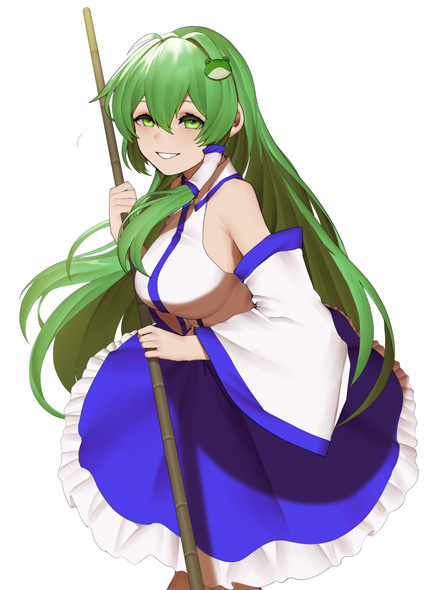 1girl absurdres bamboo_broom blue_skirt blush bobby36446329 breasts broom collared_shirt cowboy_shot detached_sleeves eyelashes frilled_skirt frills frog_hair_ornament green_eyes green_hair hair_between_eyes hair_ornament hair_tubes highres holding holding_broom kochiya_sanae korean_commentary large_breasts long_hair looking_at_viewer parted_lips shirt sidelocks simple_background skirt smile snake_hair_ornament solo straight_hair touhou white_background white_shirt wide_sleeves