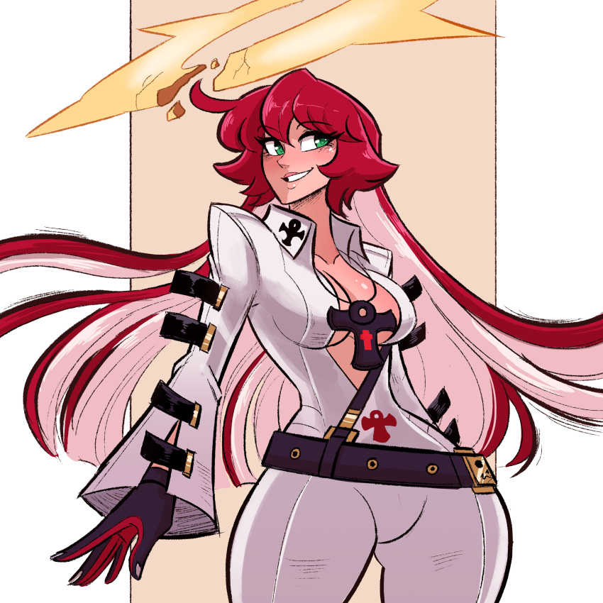 1girl absurdres ankh ankh_necklace belt black_gloves bodysuit breasts broken_halo collarbone eyebrows_visible_through_hair gloves green_eyes guilty_gear guilty_gear_strive halo highres jack-o'_valentine long_hair multicolored_hair red_hair scruffyturtles solo white_hair