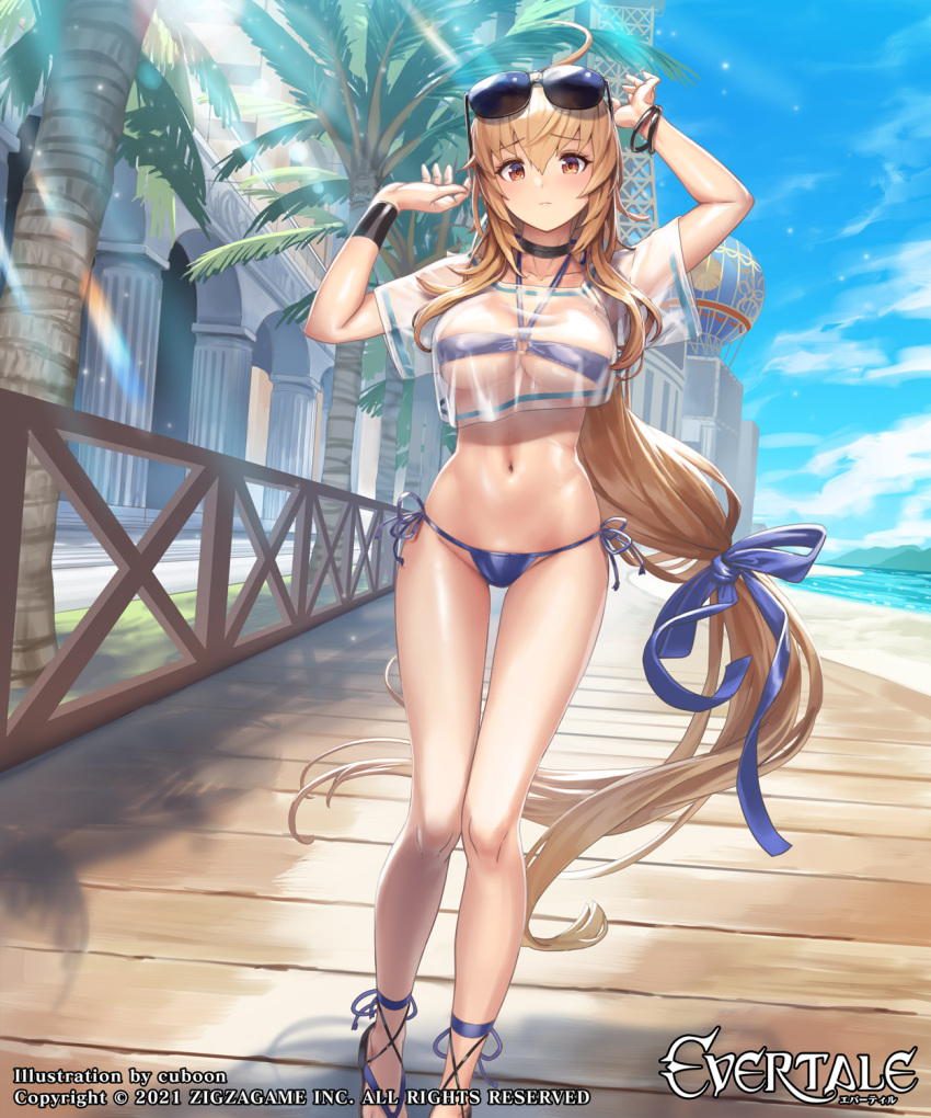 1girl ahoge artist_name bangs beach bikini blue_sky bow bowtie bracelet brown_eyes brown_hair choker closed_mouth cloud cloudy_sky collarbone commentary_request copyright_name cuboon day evertale eyewear_on_head highres jewelry logo long_hair low-tied_long_hair navel o-ring o-ring_bikini ocean official_art outdoors palm_leaf palm_tree rizette see-through short_sleeves side-tie_bikini simple_background sky solo stomach sunglasses sunlight swimsuit thighs tree water