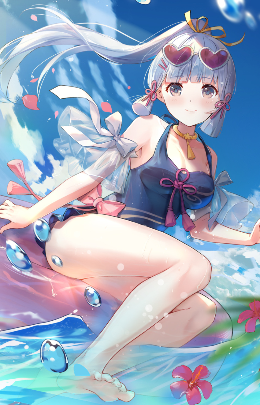 1girl armlet ass bangs bare_legs bare_shoulders barefoot beach blue_eyes blue_sky blue_swimsuit blunt_bangs blush breasts bubble choker cleavage closed_mouth cloud cloudy_sky collarbone commentary day elise_(piclic) english_commentary eyebrows eyebrows_visible_through_hair eyewear_on_head feet flower frilled_swimsuit frills full_body genshin_impact hair_ornament hairclip head_tilt heart heart-shaped_eyewear highres innertube kamisato_ayaka leaf looking_at_viewer medium_breasts ocean ponytail red_flower ribbon sayu_(genshin_impact) sitting sky smile solo sunglasses swimsuit thighs toes water white_hair white_ribbon yellow_choker