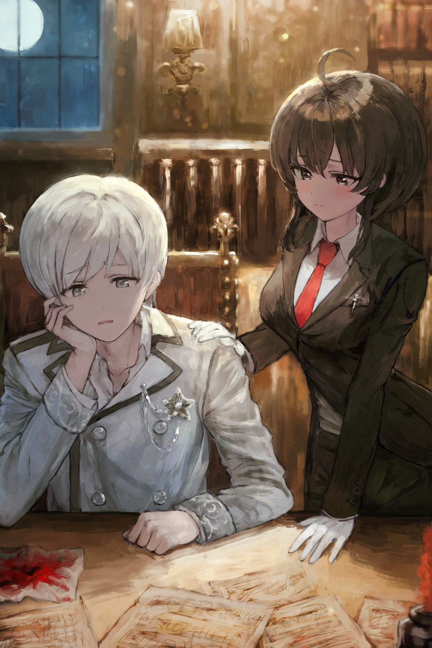 2girls ahoge androgynous black_suit blood bookshelf brown_hair clenched_hand copyright_request cover cover_page formal gloves grey_eyes highres lamp medal medium_hair moon multiple_girls necktie novel_cover official_art papers red_neckwear short_hair sidelocks sonchi suit uniform white_gloves window