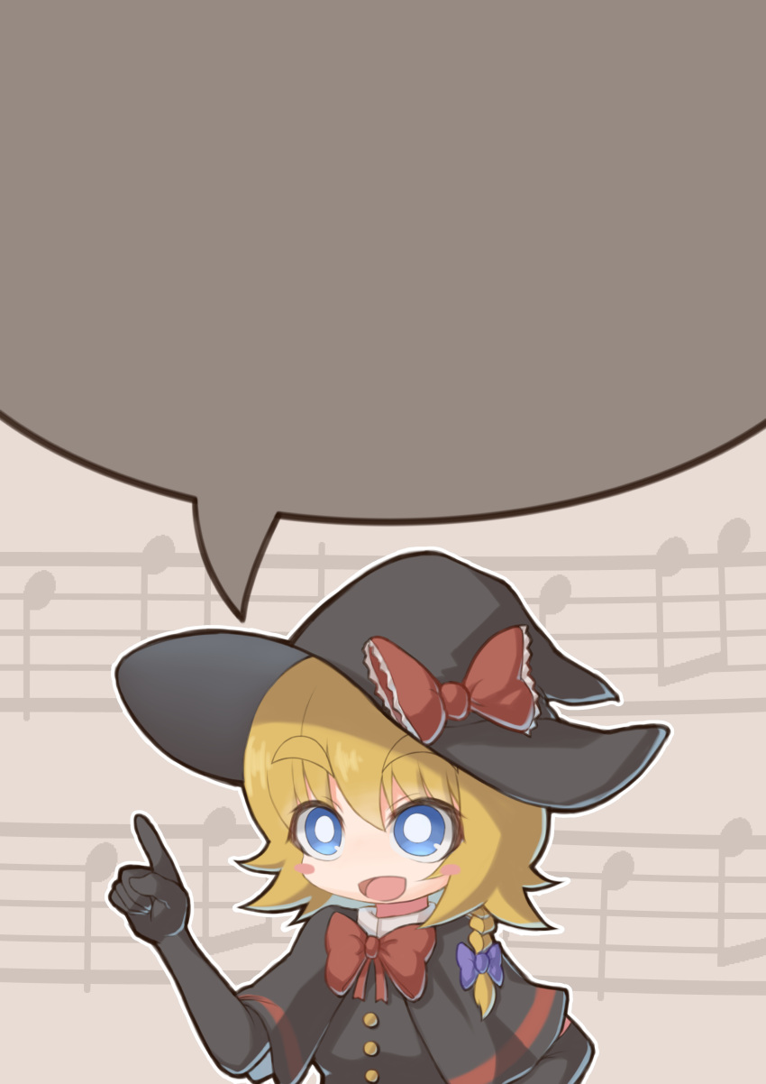 1girl absurdres bangs black_capelet black_gloves black_headwear black_vest blank_speech_bubble blonde_hair blue_eyes blush bow bowtie braid bright_pupils buttons capelet commentary_request cookie_(touhou) elbow_gloves eyebrows_visible_through_hair gloves hair_between_eyes hat hat_bow highres kirisame_marisa kitsune_kemono medium_hair meguru_(cookie) musical_note open_mouth purple_bow red_bow red_neckwear shirt side_braid single_braid solo speech_bubble staff_(music) template touhou upper_body vest white_pupils white_shirt witch_hat