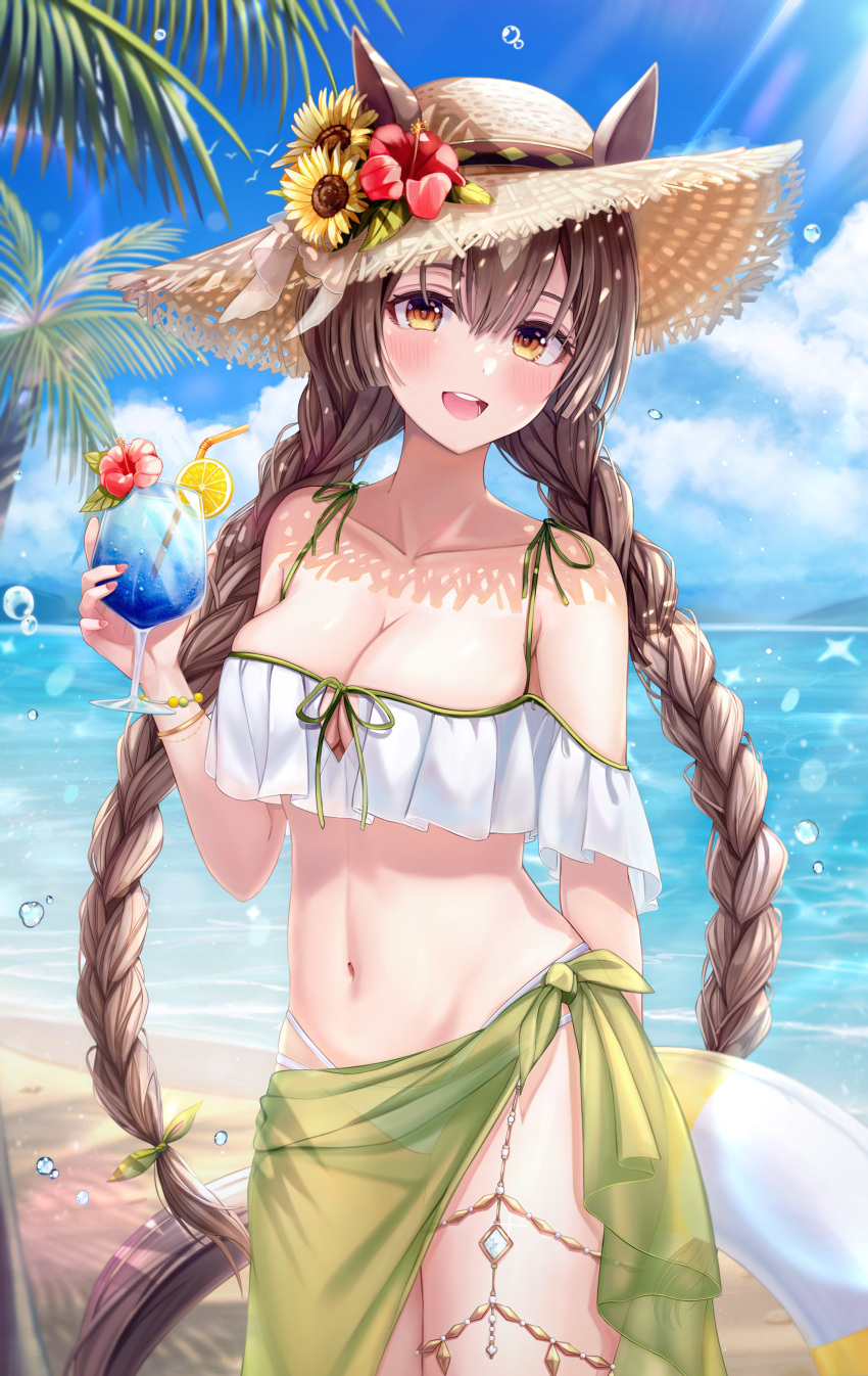 1girl :d absurdres animal_ears bare_shoulders bikini braid breasts brown_eyes brown_hair cleavage cleavage_cutout clothing_cutout collarbone commentary drinking_straw eyebrows_visible_through_hair flower food fruit funii hat hat_flower hibiscus highres holding horse_ears horse_girl horse_tail innertube large_breasts long_hair looking_at_viewer navel off-shoulder_bikini off_shoulder open_mouth orange_(food) orange_slice outdoors palm_tree red_flower revision sarong satono_diamond_(umamusume) smile solo stomach sun_hat swimsuit symbol-only_commentary tail tree tropical_drink twin_braids umamusume very_long_hair white_bikini yellow_flower