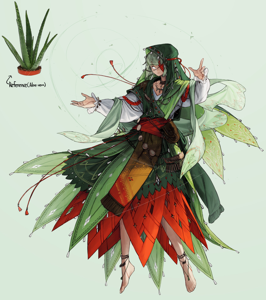 1girl absurdres aloe_(plant) anklet arms_up bangs barefoot barefoot_sandals blunt_bangs dress full_body gender_request green_background green_hair highres hood hood_up jewelry long_sleeves necklace one_eye_covered original personification rinotuna shirt short_hair solo white_eyes white_shirt